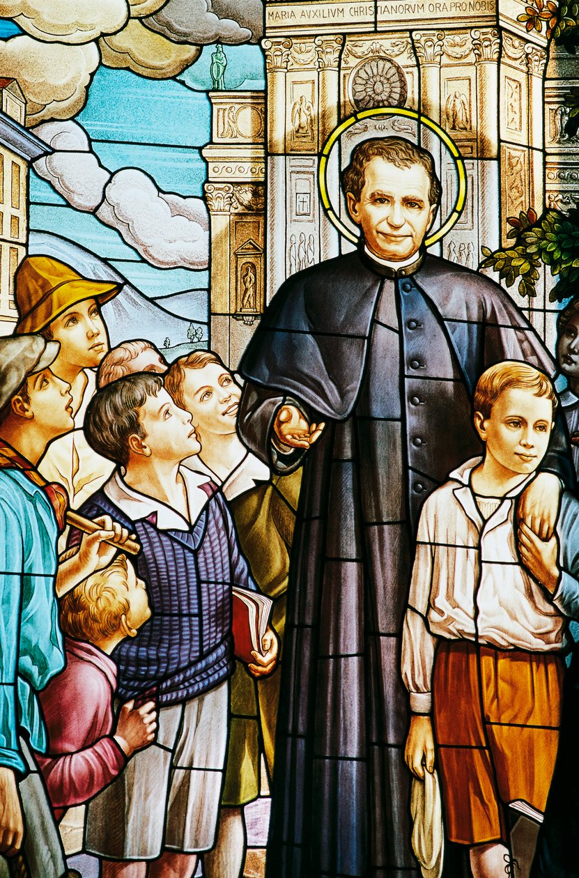 Dom Bosco e as crianças, vitral, Santuário Colle Dom Bosco (século XX), Castelnuovo Dom Bosco, Piemonte, Itália de Benjamin Baud