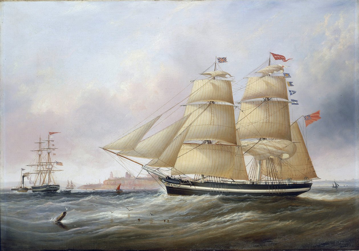 Retrato duplo do barco "Mary Ann", representado na foz do rio Tyne (ou Tinea, Inglaterra). Óleo sobre tela de Unbekannter Künstler