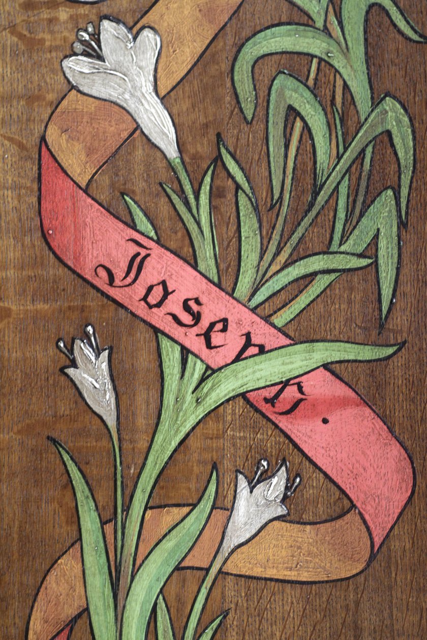 A desenhar. Flores e uma fita com o nome de José escrito nele, Fecamp, França de Unbekannt