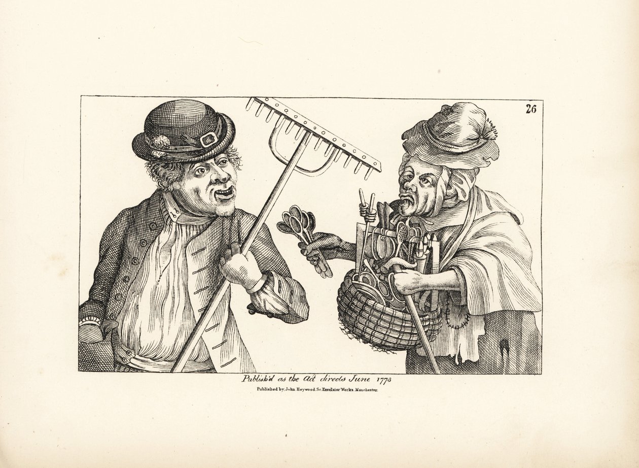 O agricultor bêbedo Jones compra todo o stock de ferramentas de madeira à velha Nan, de olhos vesgos. Gravura em talhe-doce segundo uma ilustração satírica de Timothy Bobbin (John Collier) (1708-1786) de Human Passions Delineated, John Haywood, Manchester de Unbekannter Künstler