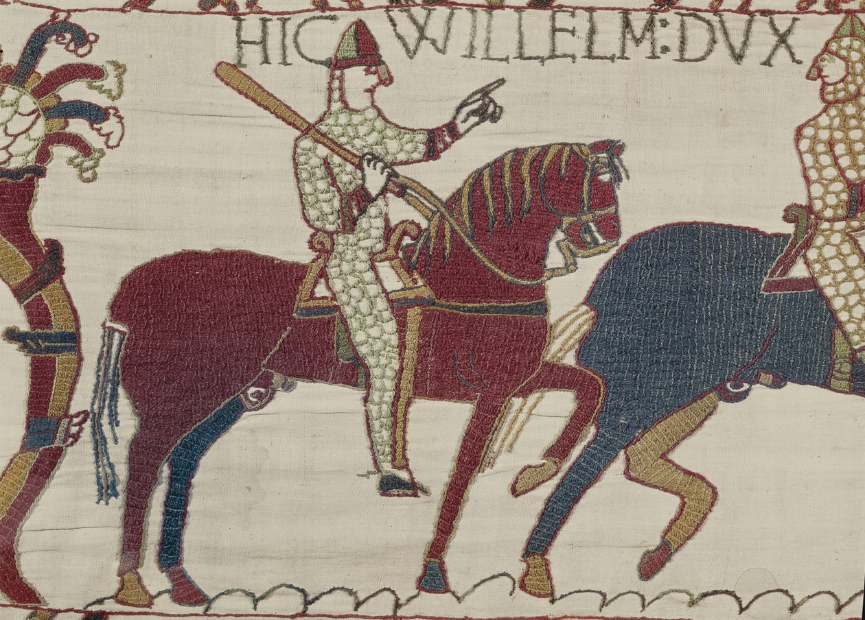 O Duque William exorta suas tropas a se prepararem para a batalha contra o exército inglês, Bayeux Tapestry (bordado de lã em linho) de Unbekannt