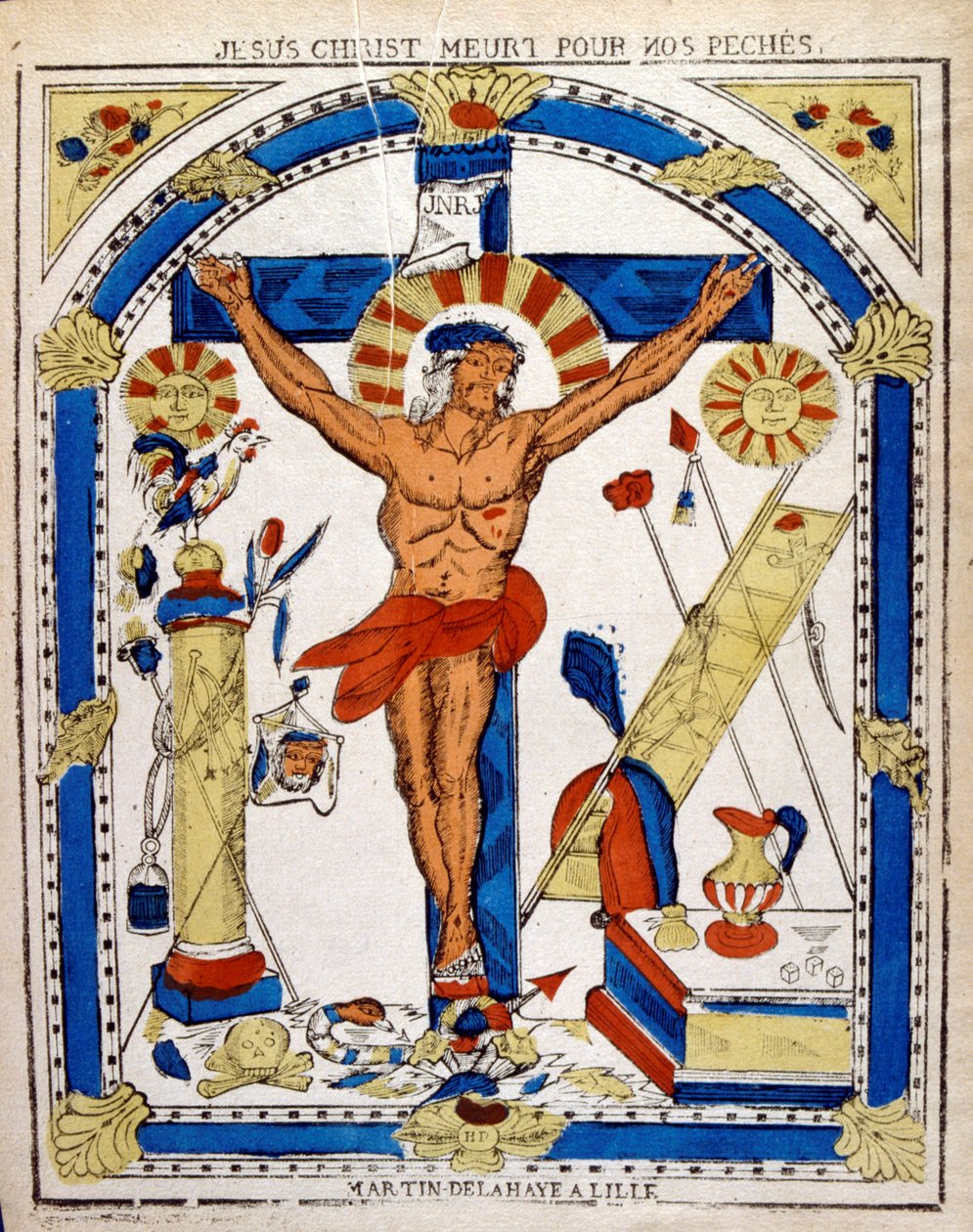 Ilustração holandesa do século XIX que mostra o Cristo crucificado. Xilogravura de cerca de 1850 de Unbekannter Künstler