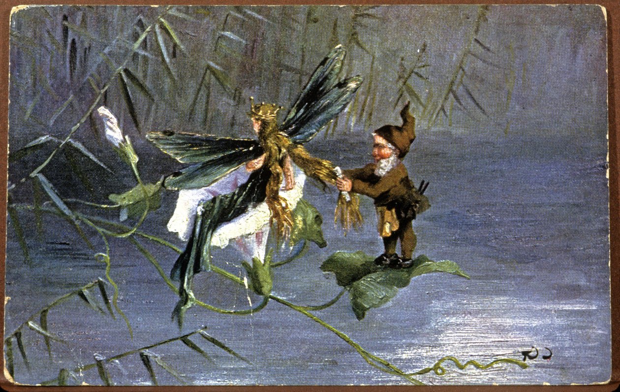 Anão a entrançar uma fada, início do século XX (postal) de Unbekannter Künstler