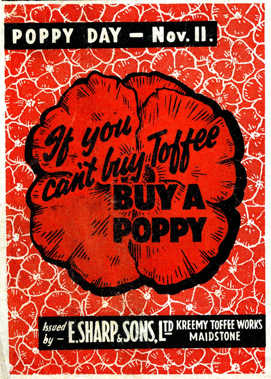 Anúncio de E.Sharp e Toffee do filho com poppy rememberance, c.1942 (litho) de Unbekannt