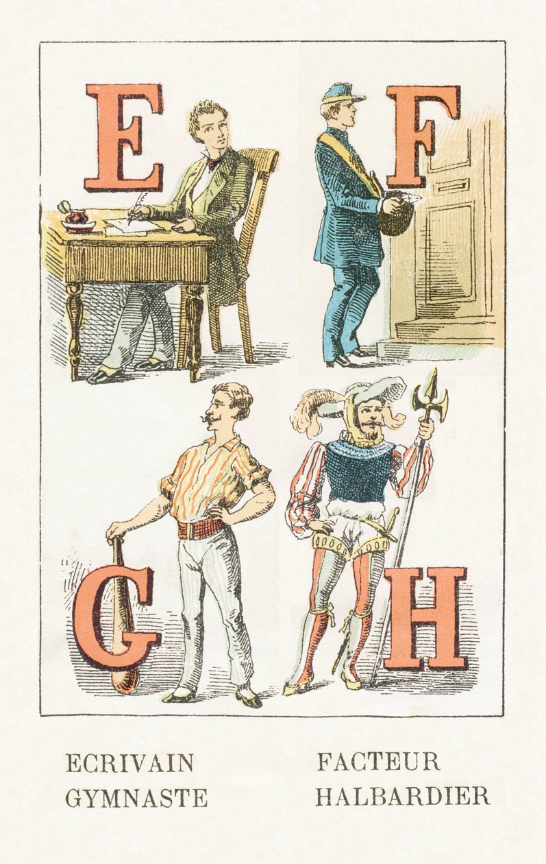 E - Escritor; F - Fator; G - ginasta; H - Halberdier - Alfabeto Infantil, Edições Gordinne 1920 (gravura) de Unbekannt