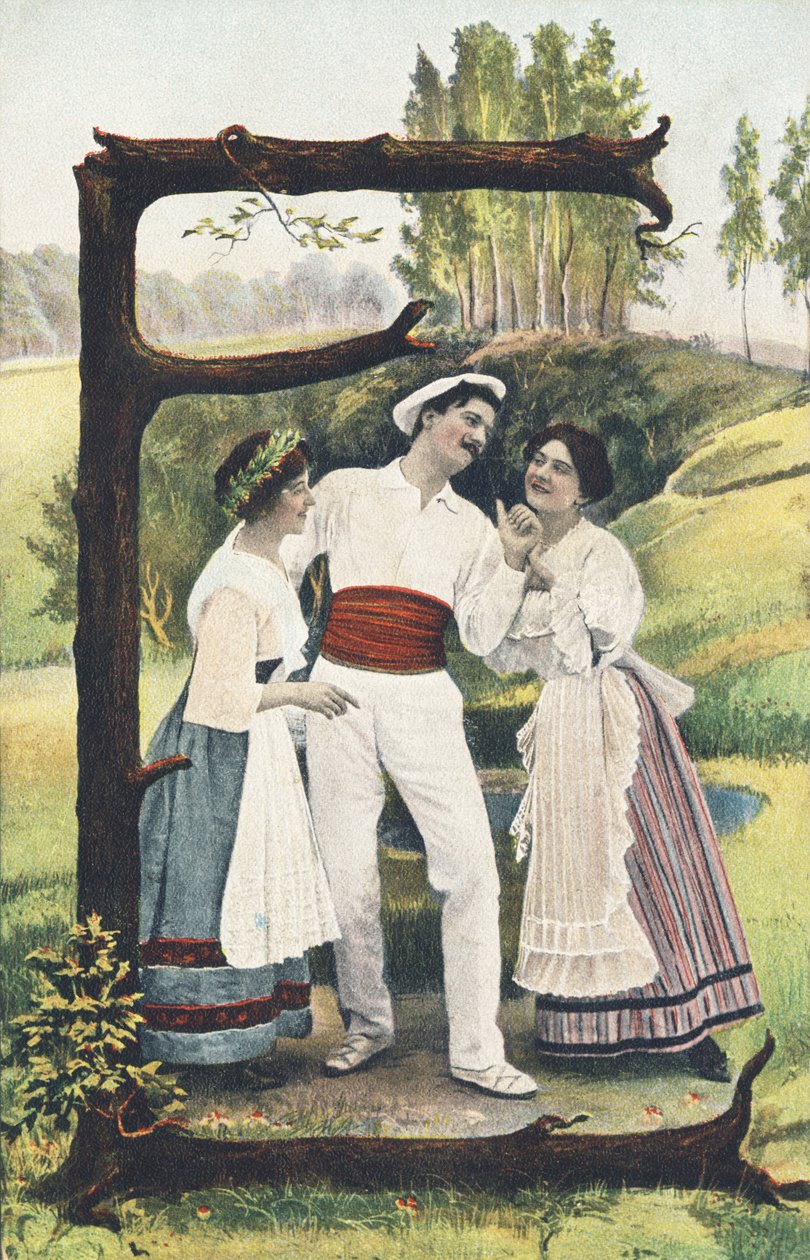 E: Um homem vestido de branco e vermelho entre duas mulheres com saias, blusas e aventais. Decoração do campo - Alfabeto caracteres Ref Th. E., L. Theochrom - Serie 994. Theodor Eisman, editor, Leipzig de Unbekannt