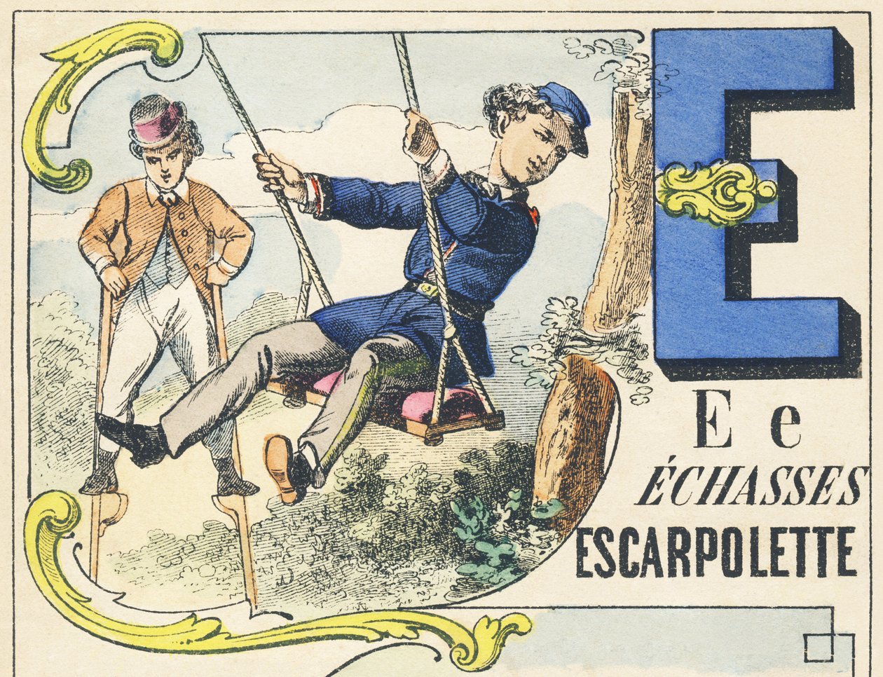E: palafitas, escarpolette - Alfabeto dos Jogos, c.1890 (ilustração) de Unbekannt