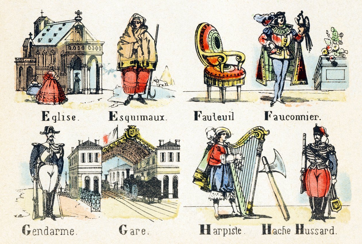 E eskimos de igreja - Cadeira de braços F falcão - Gendarme station - H harpista machado hussardo - Alfabeto - entretenimento infantil - Imagem epinal, série popular c.1890 (ilustração) de Unbekannt