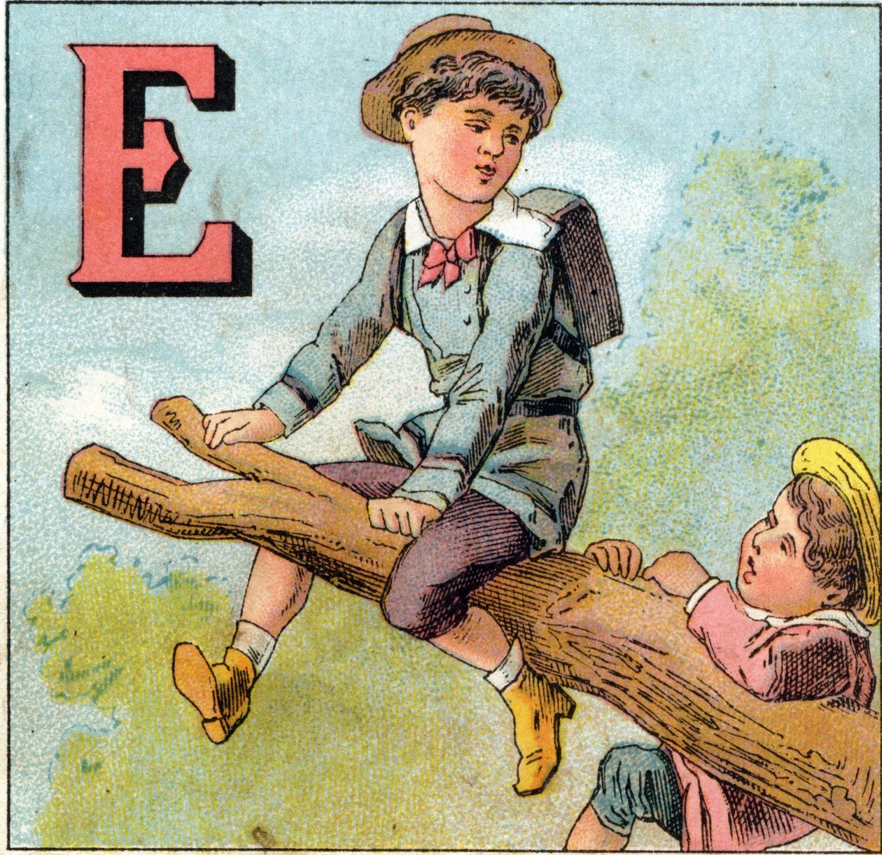 E letras: rapaz em equilíbrio num ramo de árvore. Gravura no "Alfabeto dos petits ecoliers". Imaging of Epinal, cerca de 1885. Coleção Privee de Unbekannt