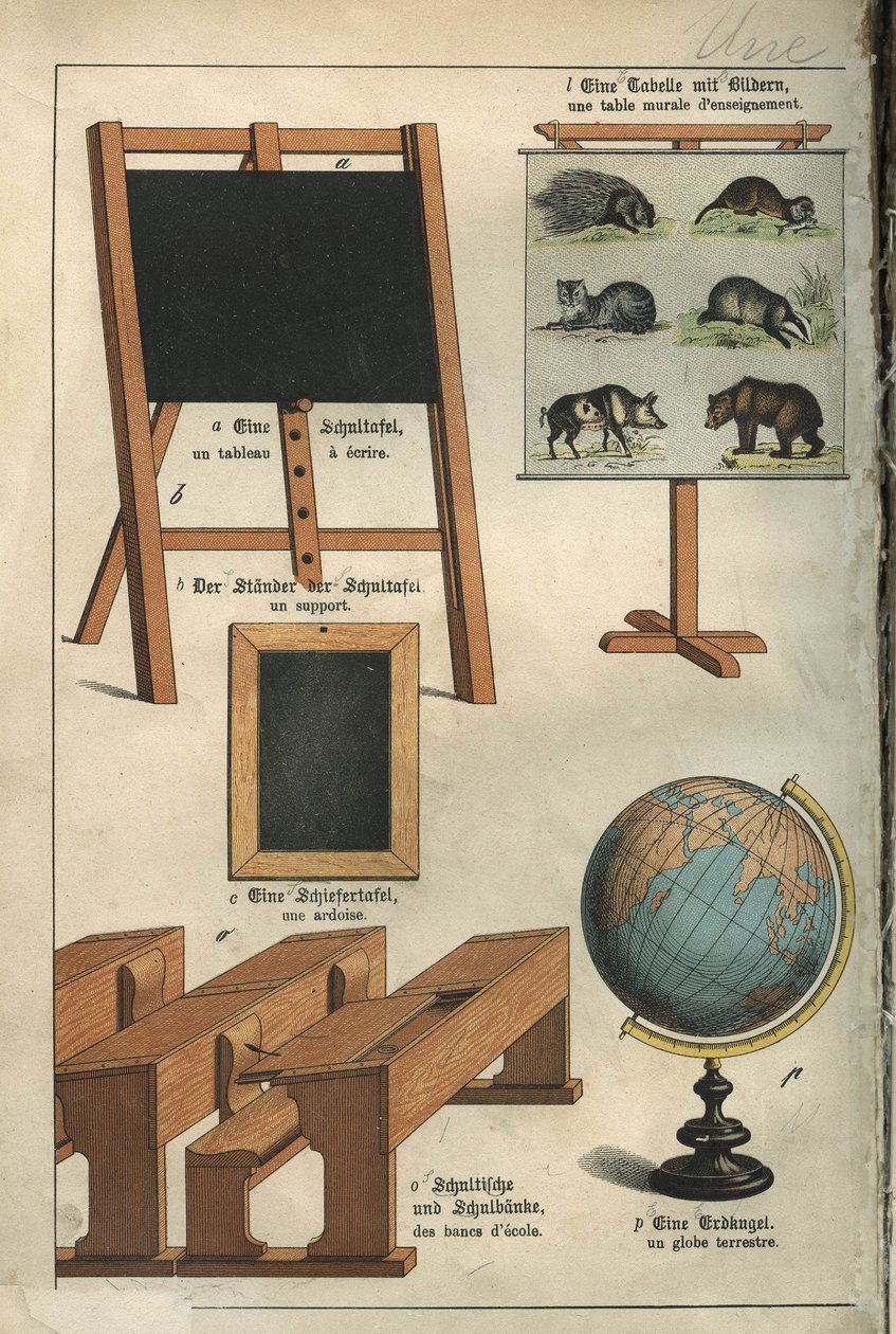 Educação: a pintura, a mesa de parede, os bancos, a ardósia, o globo terrestre da placa escolar de um dicionário para crianças franco-alemãs de Unbekannt