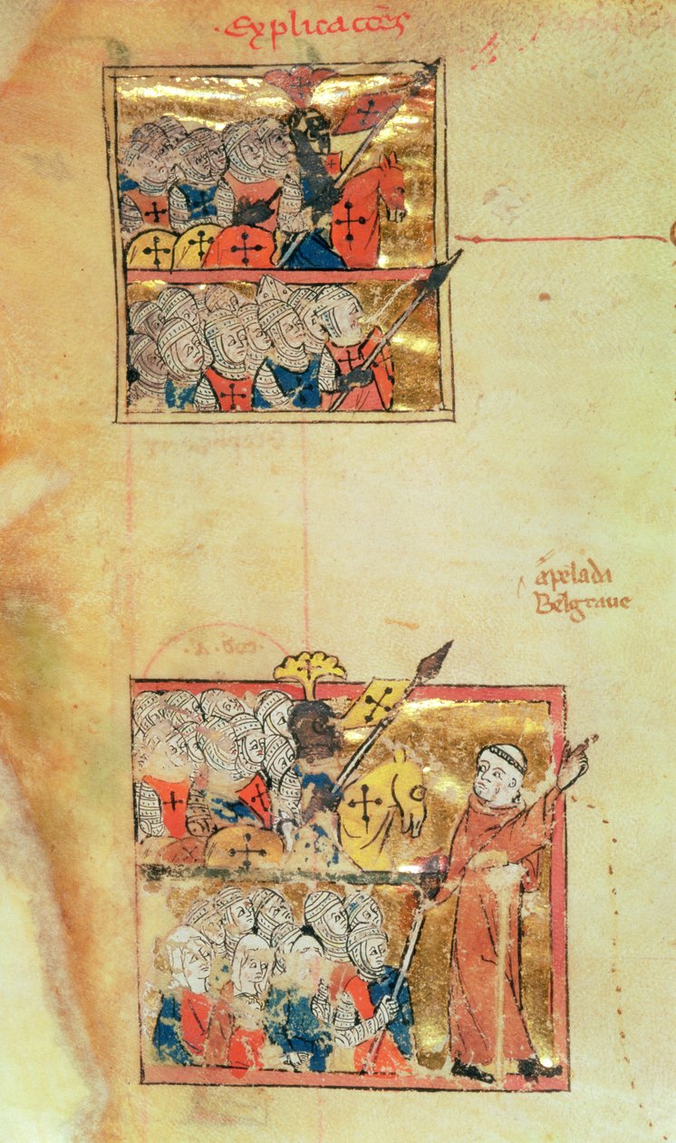 Eg 1500 f.45v Duas miniaturas mostrando Cruzados sendo liderados por Pedro o Eremita, c.1095, Histoire Universelle, c.1286 (vellum) (ver 11457 para detalhes) de Unbekannter Künstler
