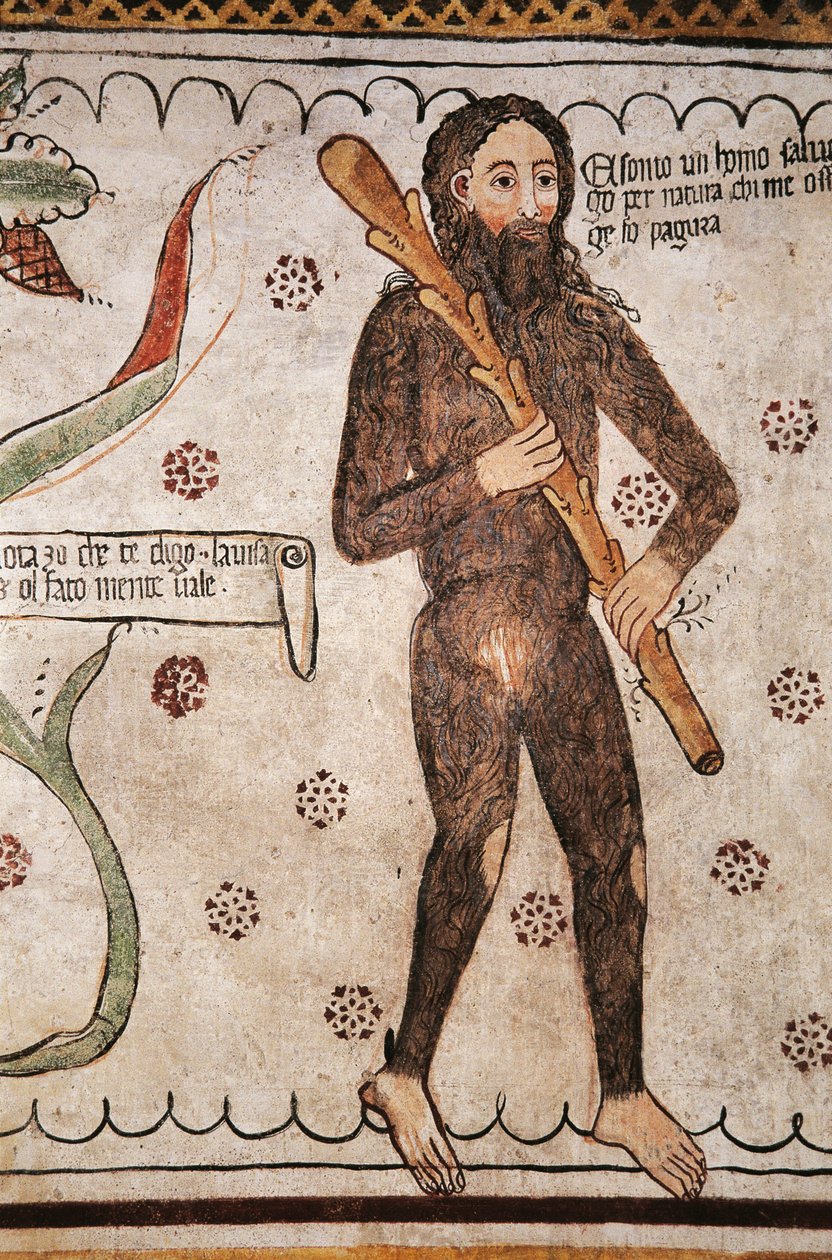 Ego sonto un homo salvadego per natura, chi me ofende ge fo pagura (eu sou um homem selvagem por natureza, aqueles que me ofendem eu vou colocar medo), fresco, museu Homo Salvadego, Sacco, Cosio Valtellino, Lombardia, Itália de Benjamin Baud