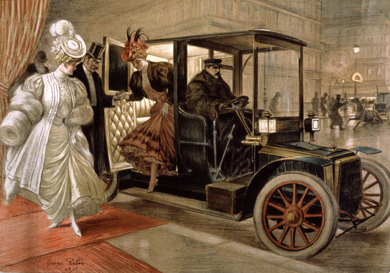 Mulheres elegantes a sair do automóvel de Unbekannter Künstler