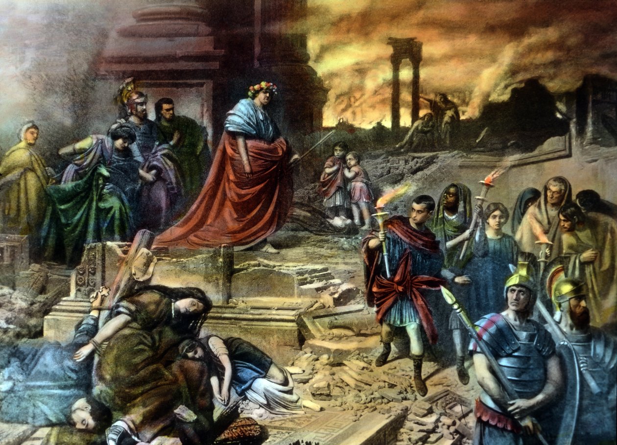 O imperador Nero com a sua corte real após o incêndio de Roma no ano 64 de Unbekannter Künstler
