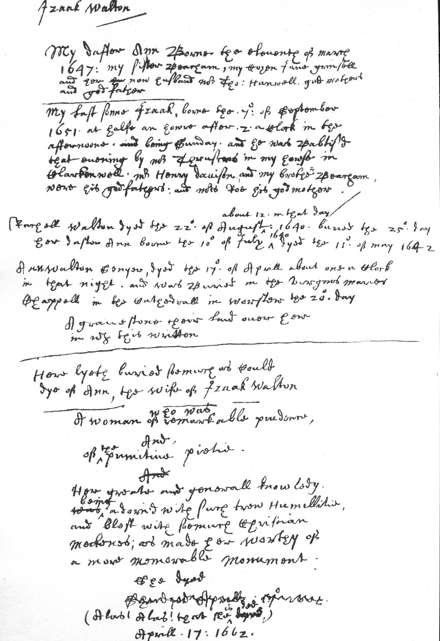 Entradas de Izaak Walton na sua cópia do Livro de Oração Comum, após 1662 (caneta e tinta sobre papel) de Unbekannt