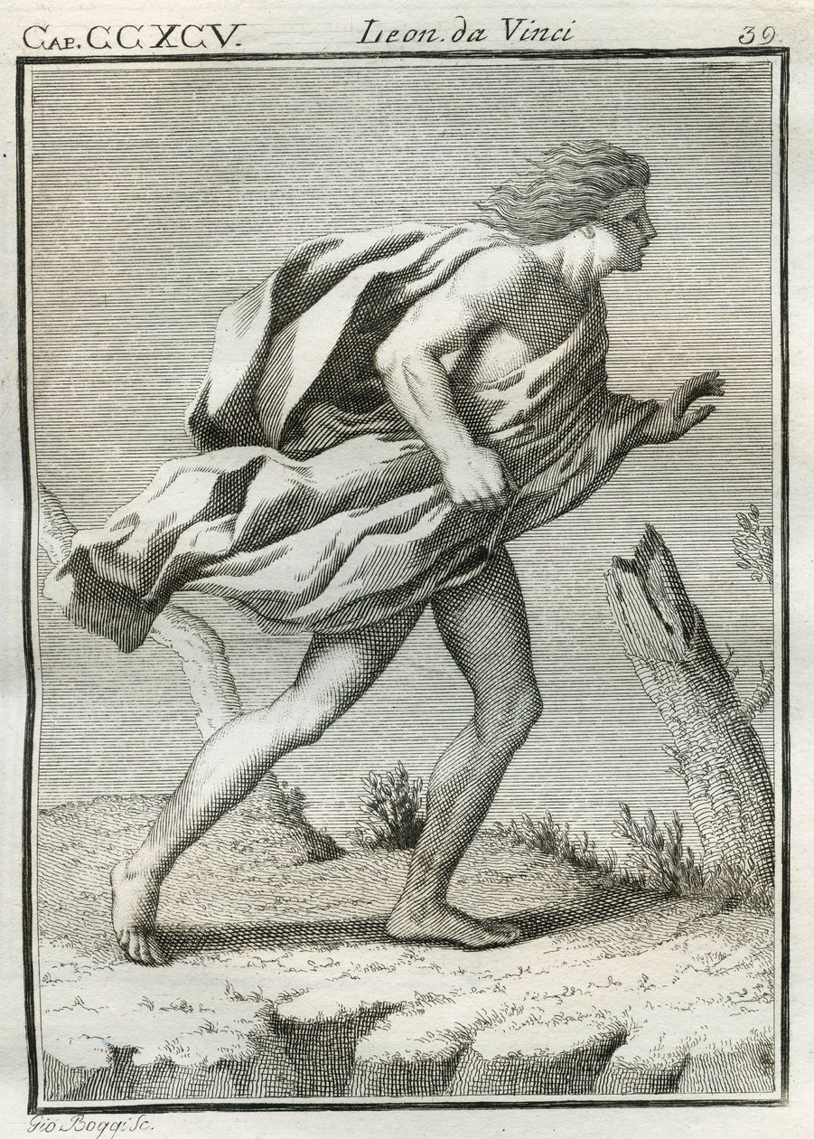 Etude de um homem caminhando contra o vento, suas roupas e cabelos desgrenhados pelas rajadas e seu corpo desequilibrado para frente. Gravura de "Treat of Painting" de Leonardo da Vinci (Leonard de Vinci) (1452-1519). "Tratado de Pintura de Liona de Unbekannt