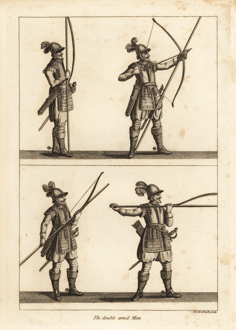 Exercício do homem de dois braços com arco e lúcio de Unbekannt
