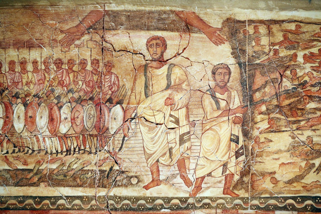 Êxodo e travessia do Mar Vermelho, afresco da Sinagoga Dura Europos, 244-245, no Museu Nacional de Damasco. Foto tirada no Museu Judaico em Nova Iorque durante uma exposição. de Unbekannt