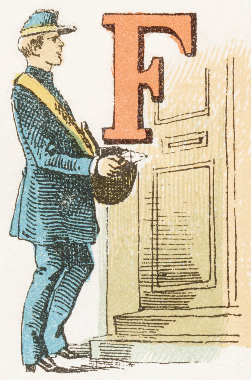 F - Carteiro - gravura em: Alfabeto enfantin. Editions Gordinne, por volta de 1920. Tamanho : 16,3 x 10 cm. de Unbekannt