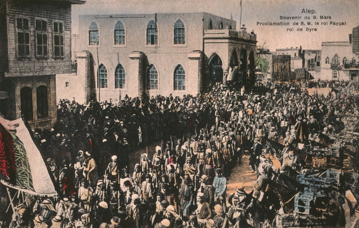 Faisal proclamado Rei do Reino Árabe da Síria em 7 de Março de 1920, Aleppo, cartão postal (fotolito colorido) de Unbekannt