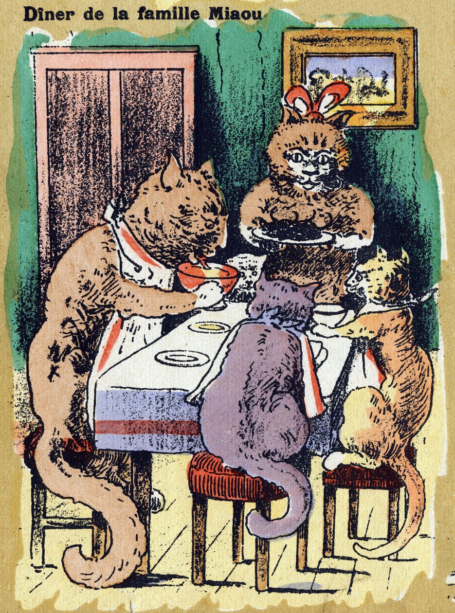 Jantar familiar miau . Alfabeto ilustrado. Imagens reunidas em Jarville-Nancy, início do século XX. Dimensões: 40 x 29 cm. Litografia sobre fundo de bistre. de Unbekannt