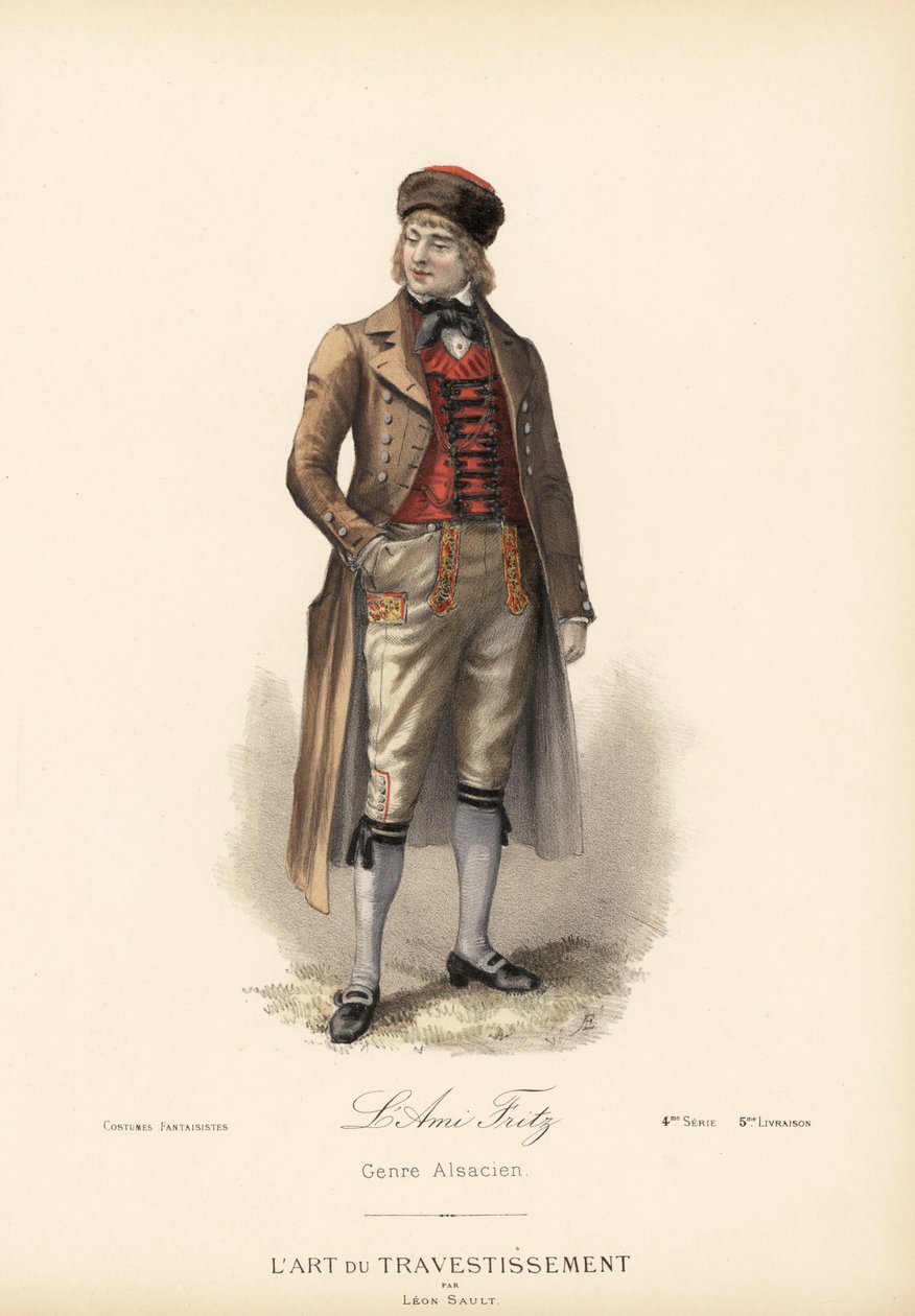 Fato de fantasia de alsaciano para o Ami Fritz (personagem Fritz Kobus do romance de Erckmann-Chatrian). Casaco de equitação, colete de caxemira, cuecas e chapéu de pele. Litografia colorida à mão segundo um desenho de Leon Sault de "L