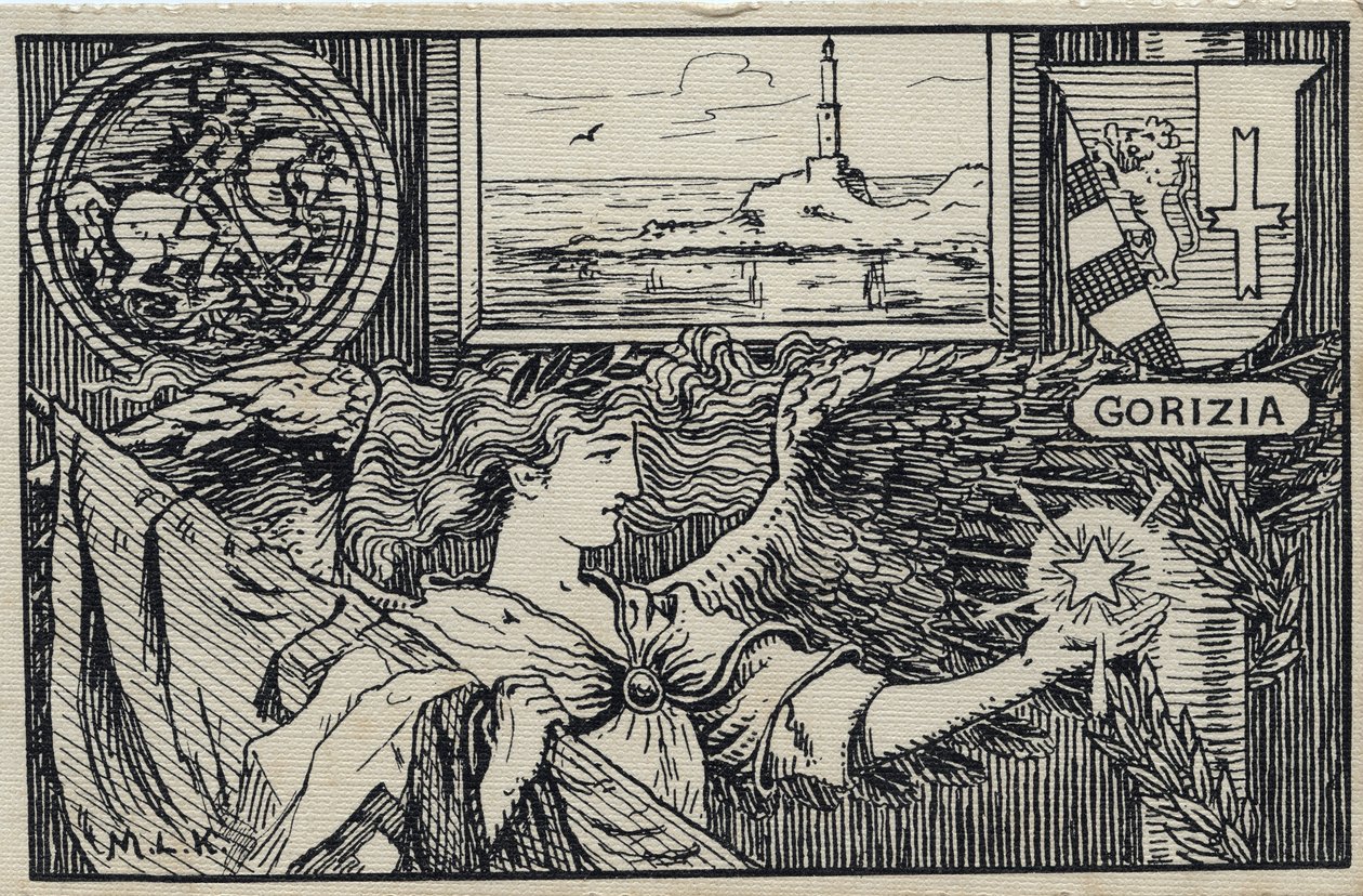 Primeira Guerra Mundial (1914-1918): Cartão postal patriótico italiano para a anexação de Gorizia à Itália de Unbekannter Künstler