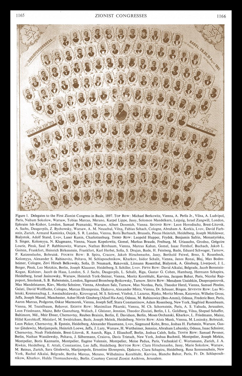 Primeiro Congresso Sionista em Basileia, 1897. Theodore Herzl aparece no centro da montagem de delegados e dirigentes de Unbekannter Künstler