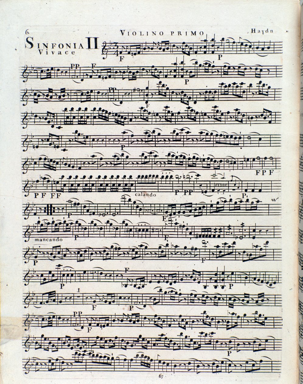 Primeira página da partitura para violino na Sinfonia nº 2 de J Haydn de Unbekannter Künstler