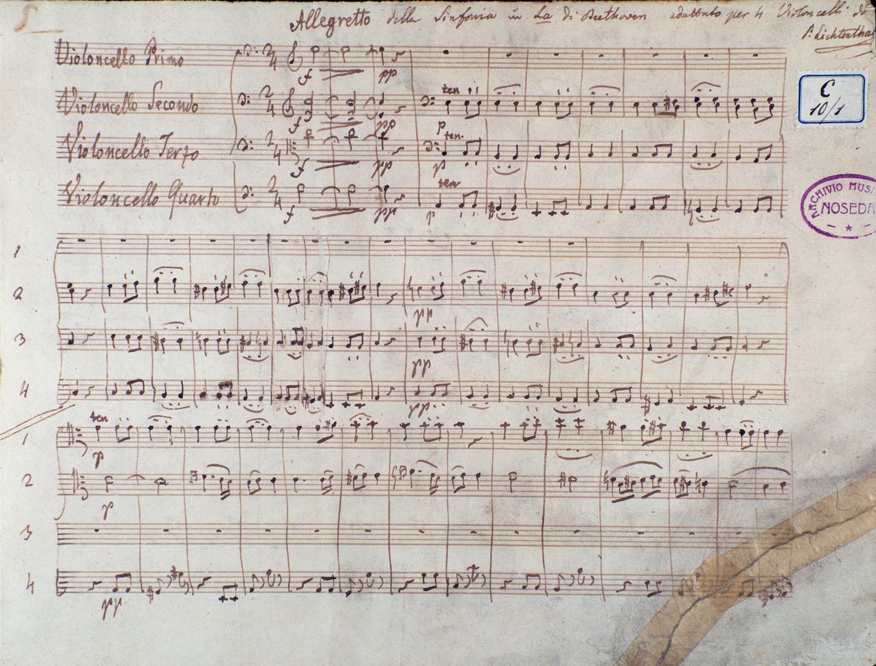 Primeira página da pontuação para quatro cellos da Symphony n. 7 en A major, op. 92, de Ludwig van Beethoven de Unbekannter Künstler