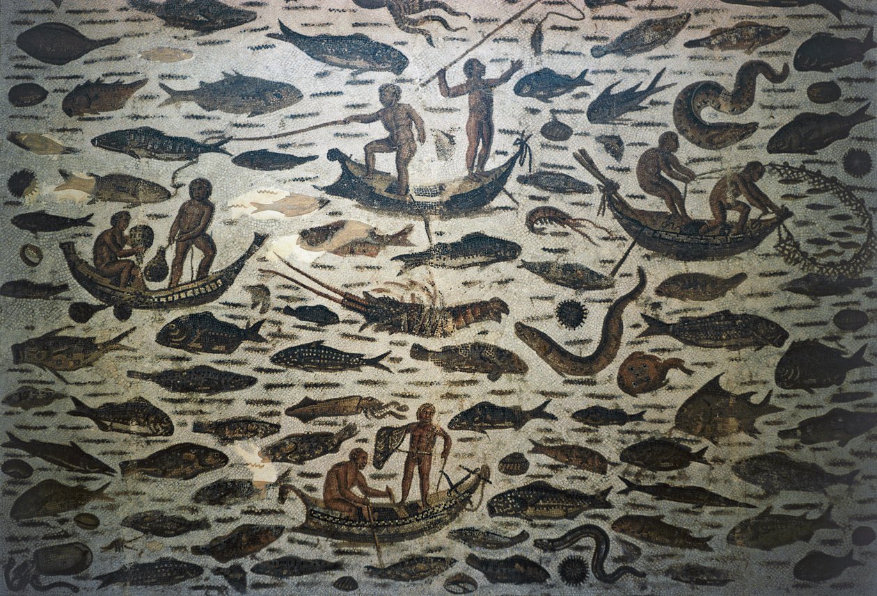 Cena de pesca, mosaico, civilização romana, século III d.C. de William M. Timlin