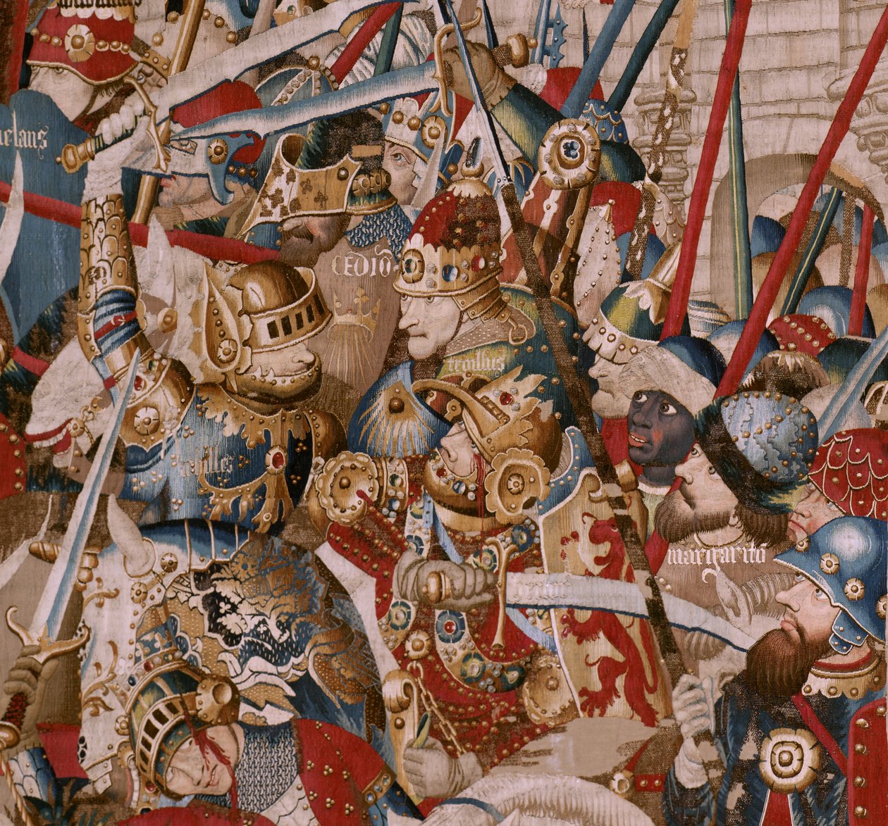 Tapeçaria flamenga. Série "A Guerra de Tróia". Tenda de Aquiles (La Tienda de Aquiles). Sexta tapeçaria da série. Modelo Coëtivy Master (Henry ou Conrard de Vulcop). Oficinas de fabricação de Tournai. Ca 1470. Lã e seda de tecido, 6/7 urdiduras por cm. Tam de Unbekannt