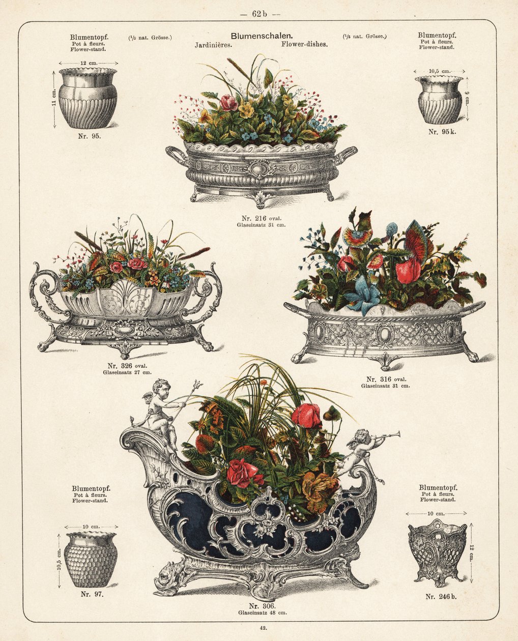 Estantes para flores, pratos para flores, vasos e jardineiras. Litografia de um catálogo de produtos metálicos fabricados pela Wuerttemberg Metalware Factory, Geislingen, Alemanha de Unbekannter Künstler