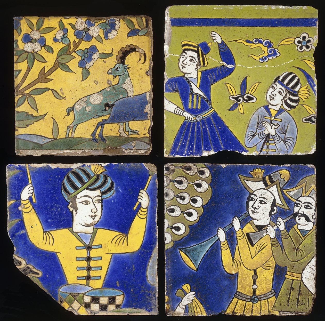Quatro azulejos de seca Saffavid cuerda, representando dois íbex e as figuras de músicos e dançarinos, c. 1600 de Unbekannt