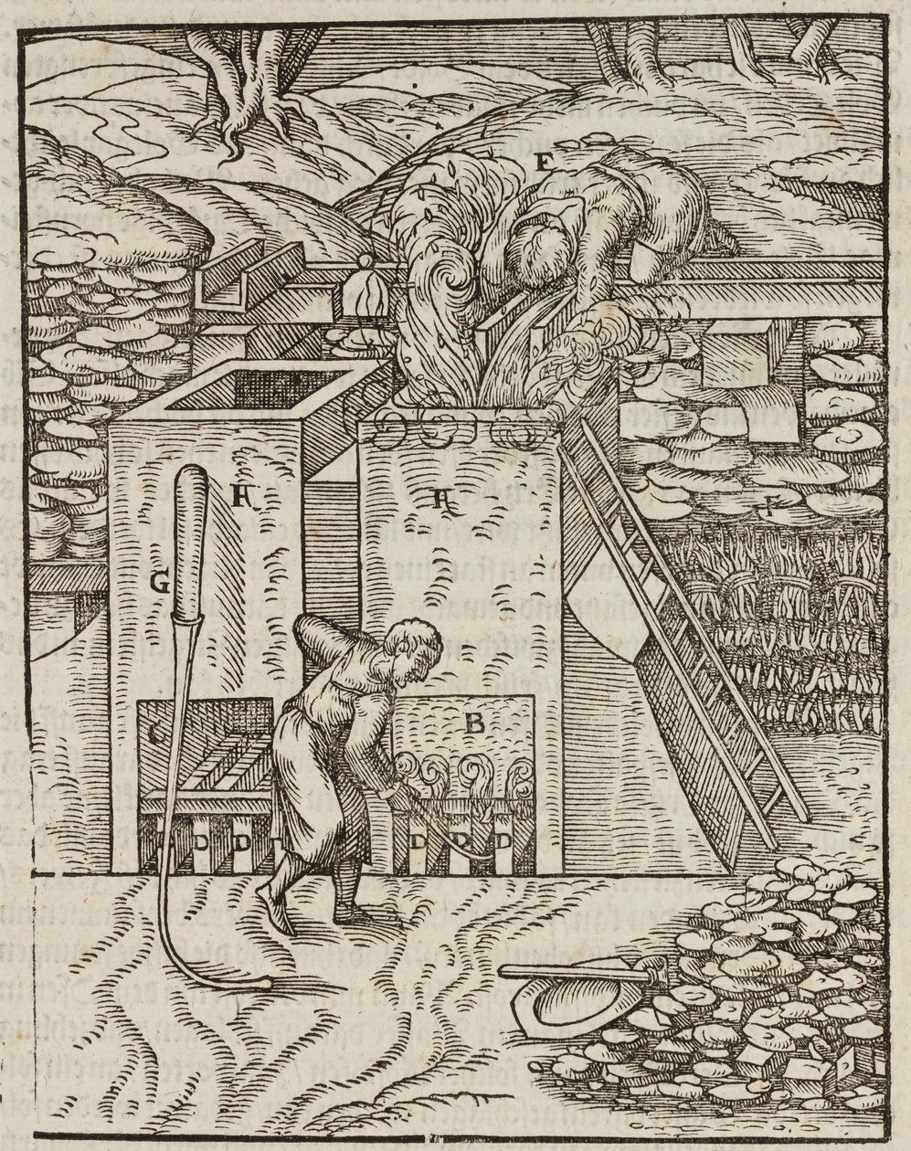 Forno para aquecimento de minério de ouro - Gravura de Description des minerais et des principales methodes d