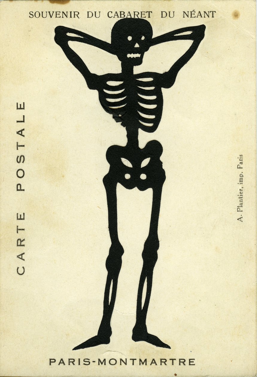 França, Ile-de-France, Paris (75): Publicidade do cabaret du Neant de Montmartre representando um esqueleto decoupe de Unbekannter Künstler