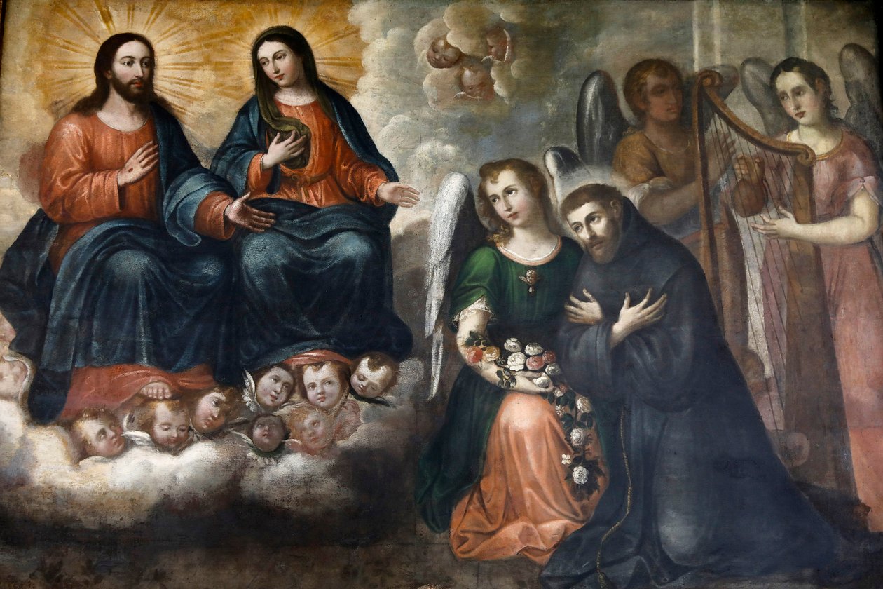 Museu Fray Pedro Gocial no convento de São Francisco, Quito, Equador. Pintura retratando Jesus e Maria aparecendo a São Francisco(fotografia) de Unbekannter Künstler