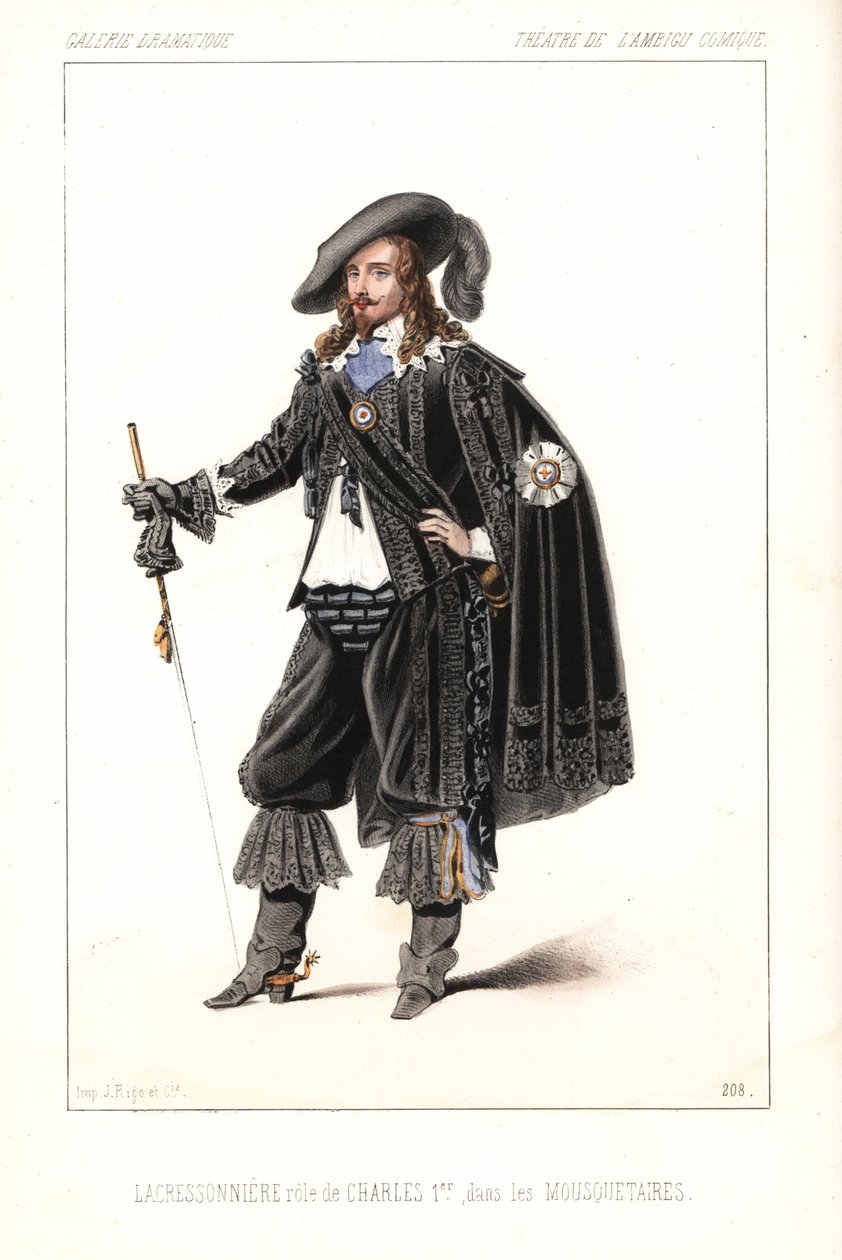 O ator francês Louis Lacressonniere como Rei Carlos I em Les Mousquetaires de Alexandre Dumas, Teatro de l