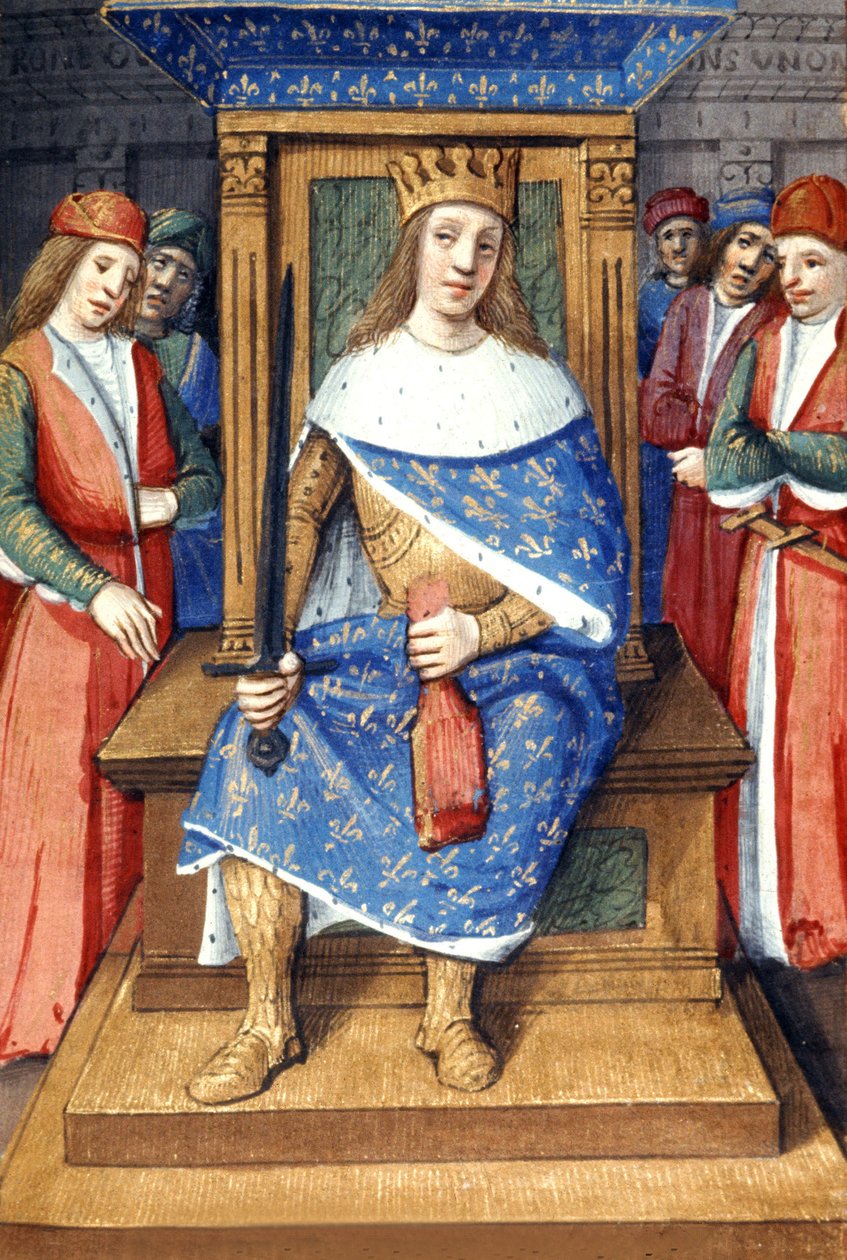 O rei francês Luís IX (São Luís, 214-1270, rei de 1226 a 1270) no seu trono, iluminura francesa de Unbekannter Künstler