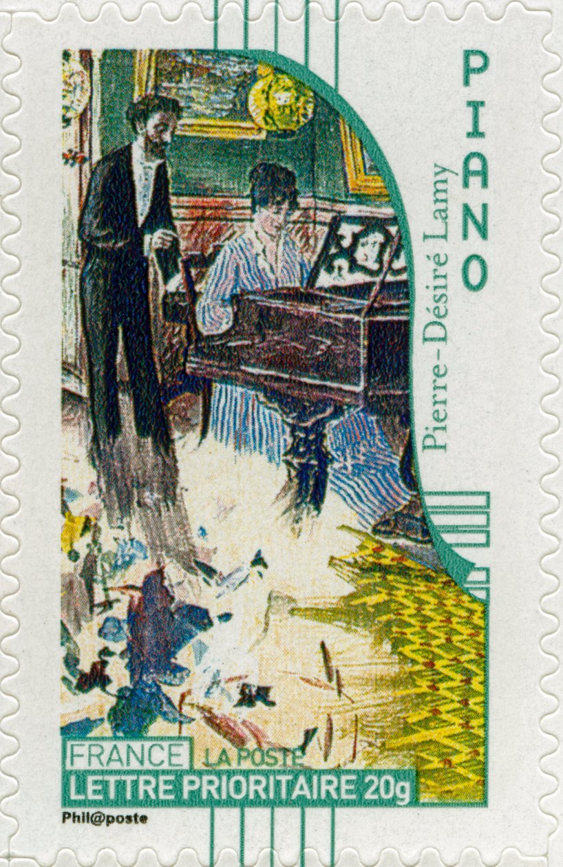 Selo postal francês mostrando uma pianista, de uma pintura da artista francesa Pierre-Désiré Lamy - de Unbekannt