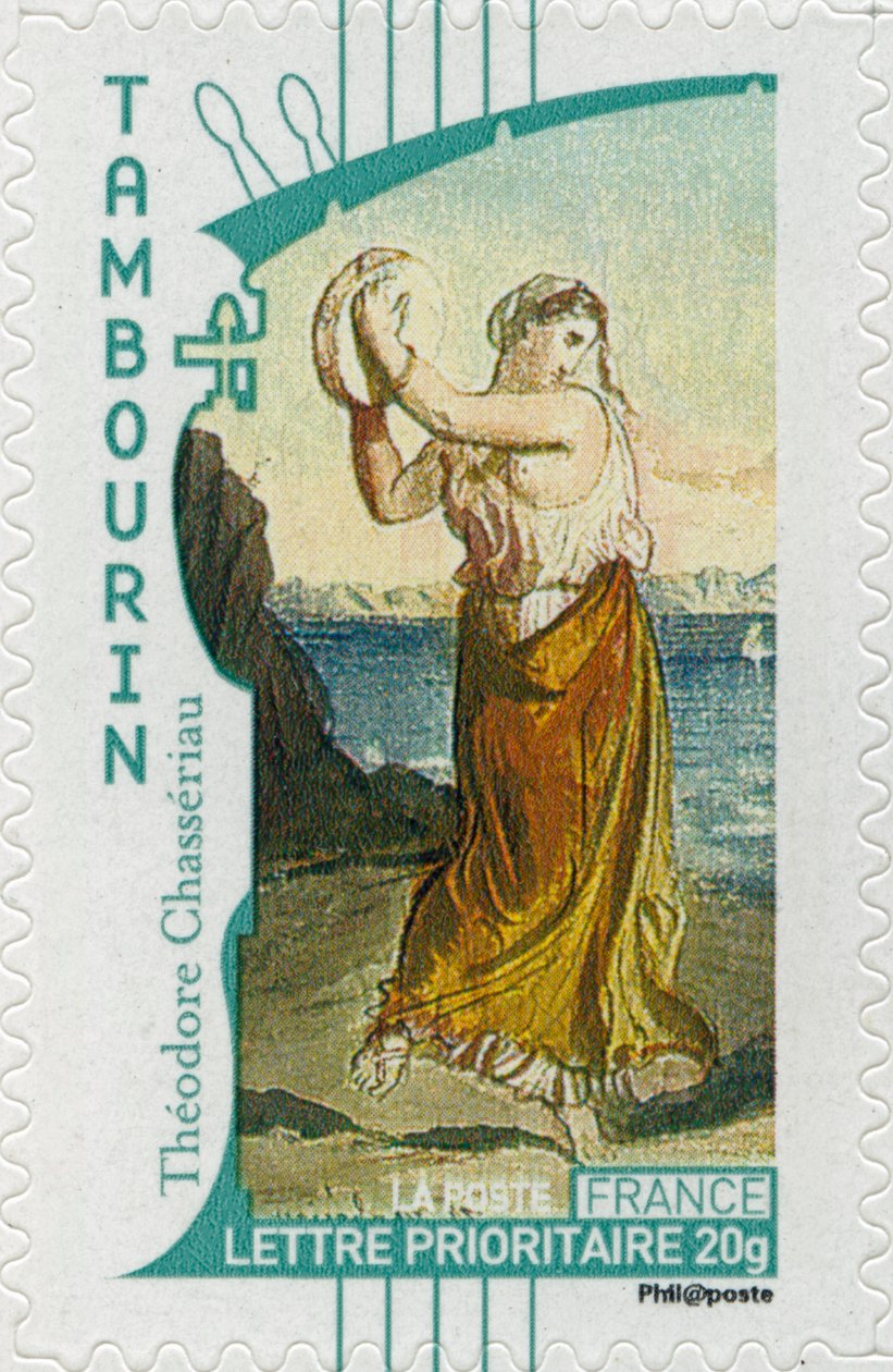 Selo postal francês mostrando uma cigana tocando pandeiro, de uma pintura do artista francês Théodore Chassériau - de Unbekannt