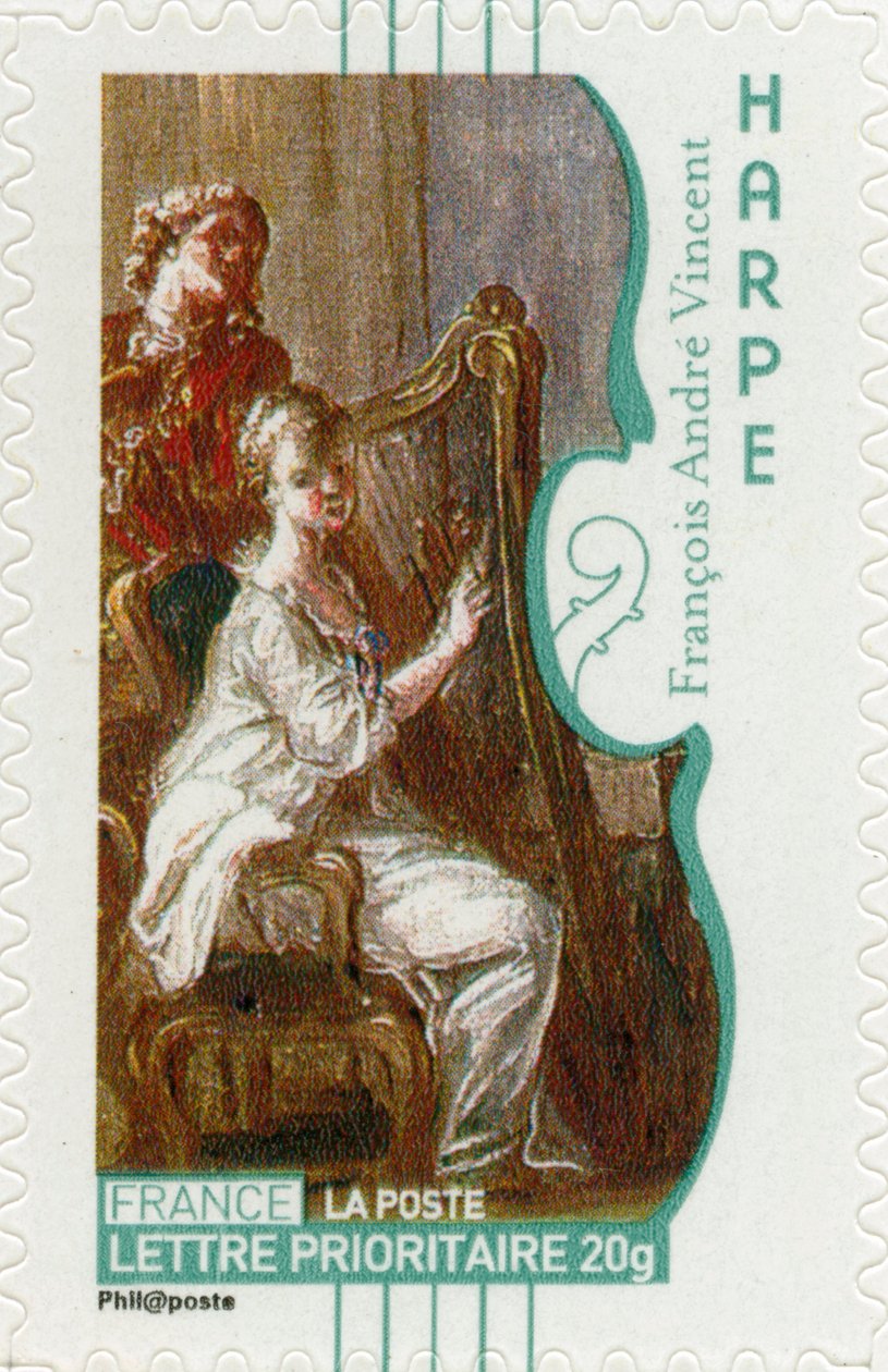 Selo postal francês mostrando uma mulher tocando harpa, de um quadro do artista francês François-André Vincent - de Unbekannt