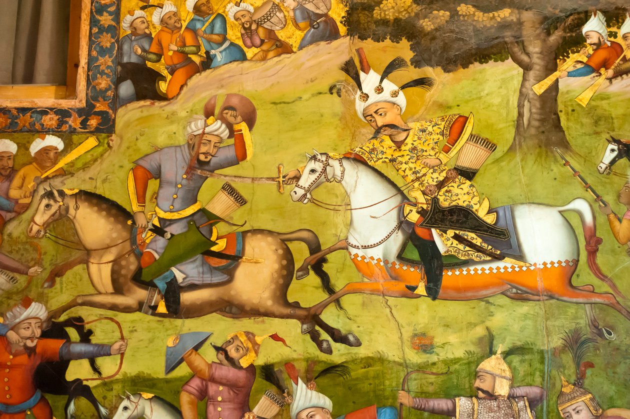 Fresco; Shah Ismail num cavalo branco na batalha de Taher Abad; 1510; contra os Uzbeques em Merv; Chehel Sotoun; Palácio dos Quarenta Pilares; Isfahan; Irão; Ásia de Unbekannt