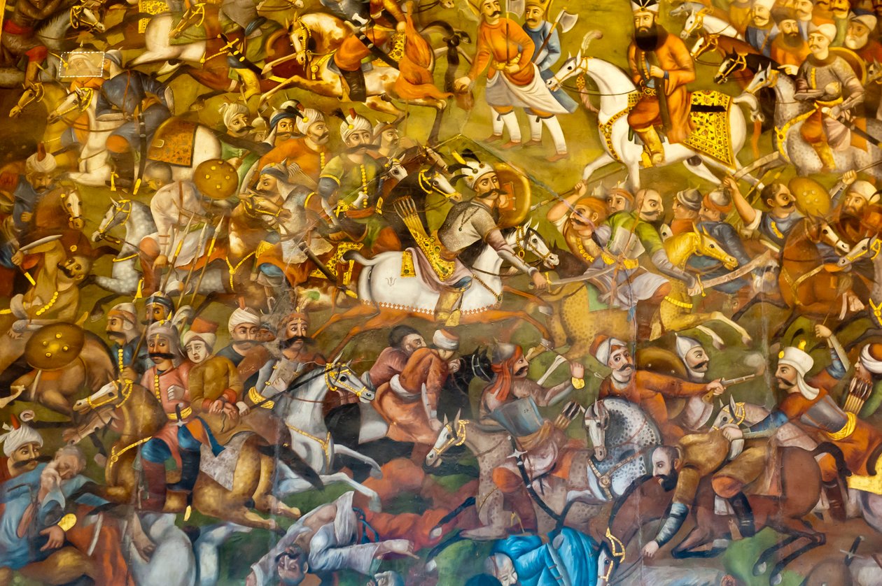 Fresco; batalha de Chaldiran ou Chaldiran contra o Sultão Otomano Selim I.; 1514; Chehel Sotoun; Palácio dos Quarenta Pilares; Isfahan; Irão; Ásia de Unbekannt