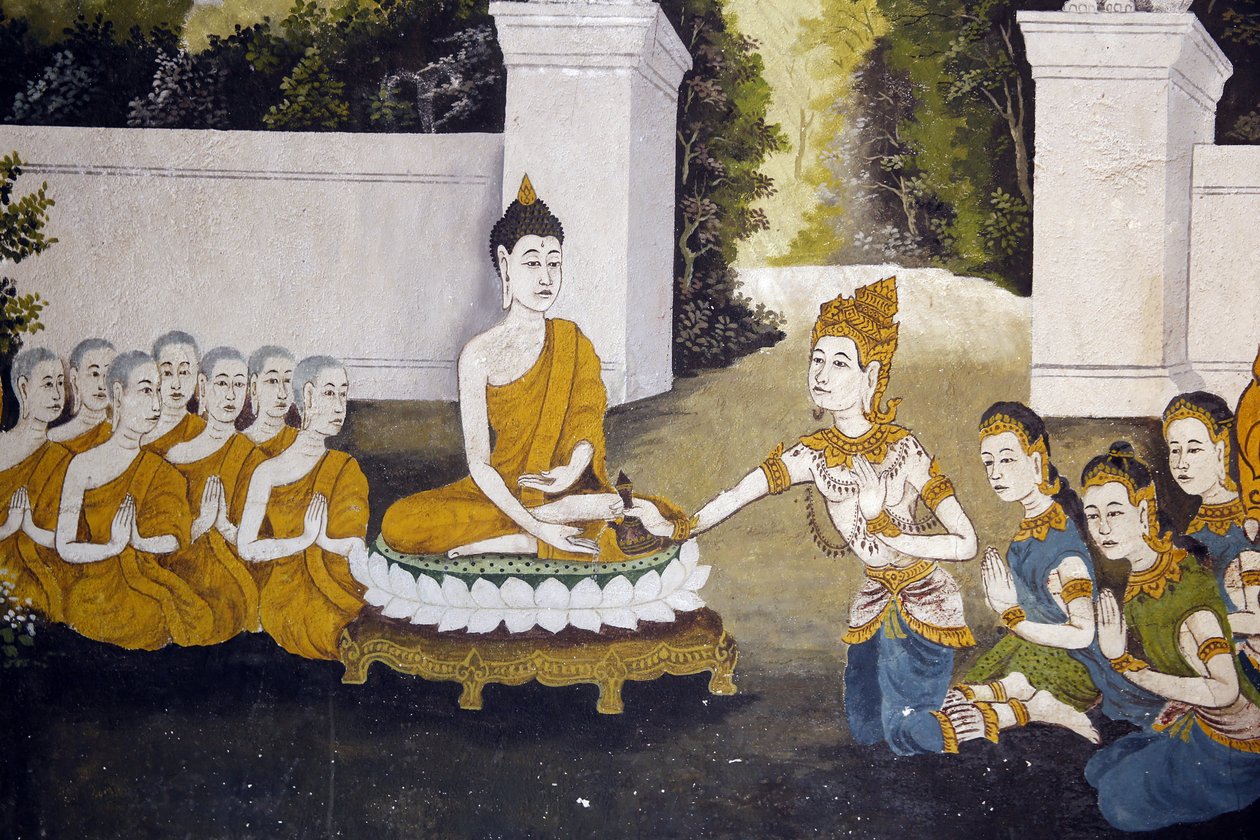 Fresco retratando uma cena da vida do Buda em Wat Phra Doi Suthep, Chiang Mai. Buda recebendo esmolas. Tailândia de Unbekannt