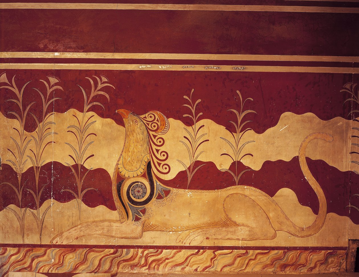 Fresco na parede, Salão do Trono, Palácio de Minos, Knossos, Creta, Grécia de Benjamin Baud