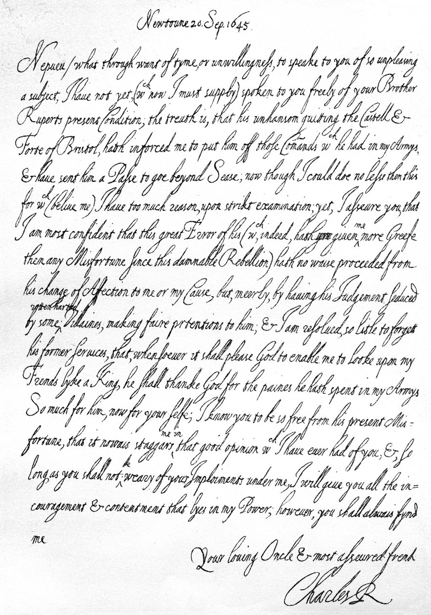 Carta amigável de Carlos I ao seu sobrinho, Príncipe Maurice, escrita em Newtown, Powys, Gales, 20 de Setembro de Unbekannt