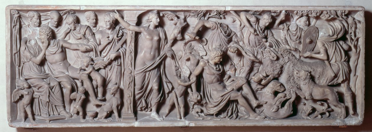 Frente de um sarcófago que retrata a morte de Adónis, romano, século II (mármore) de Unbekannt