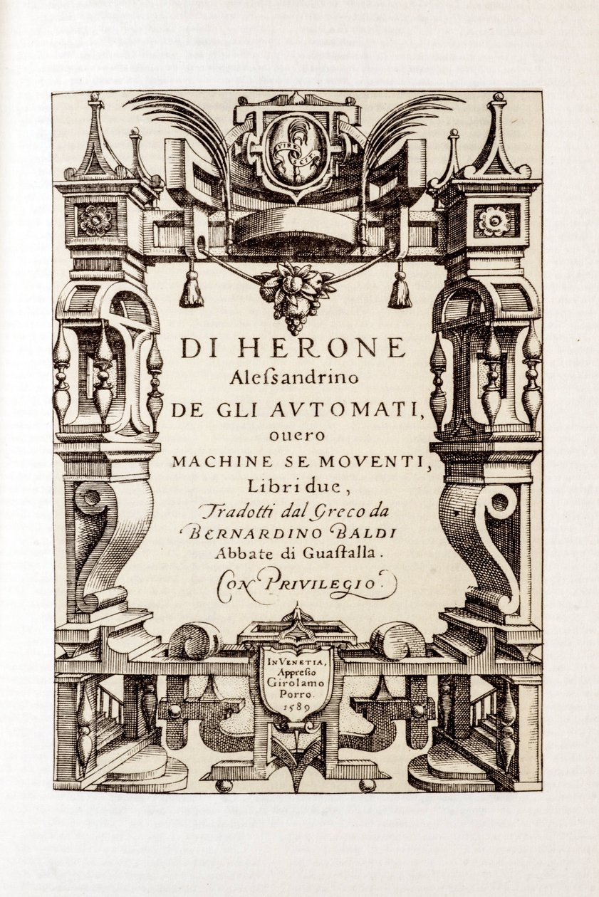 Frontispício de "Os autómatos" de Heron de Alexandria (século I) 1589 de Unbekannt