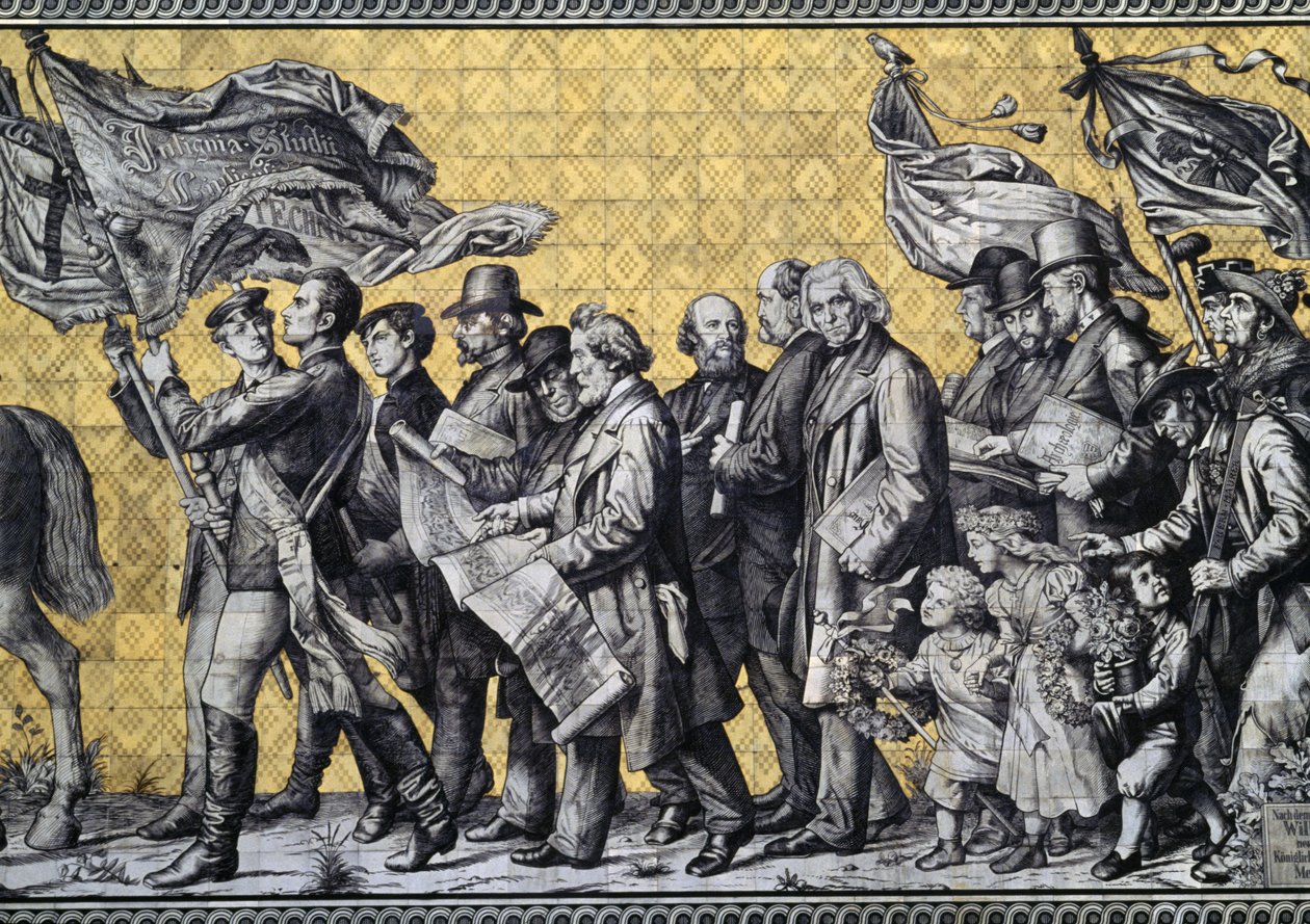Furstenzug, ou Procissão dos Príncipes, em Augustusstrasse, feito de 25.000 azulejos Meissen, detalhe, Dresden, Saxônia, Alemanha de Benjamin Baud